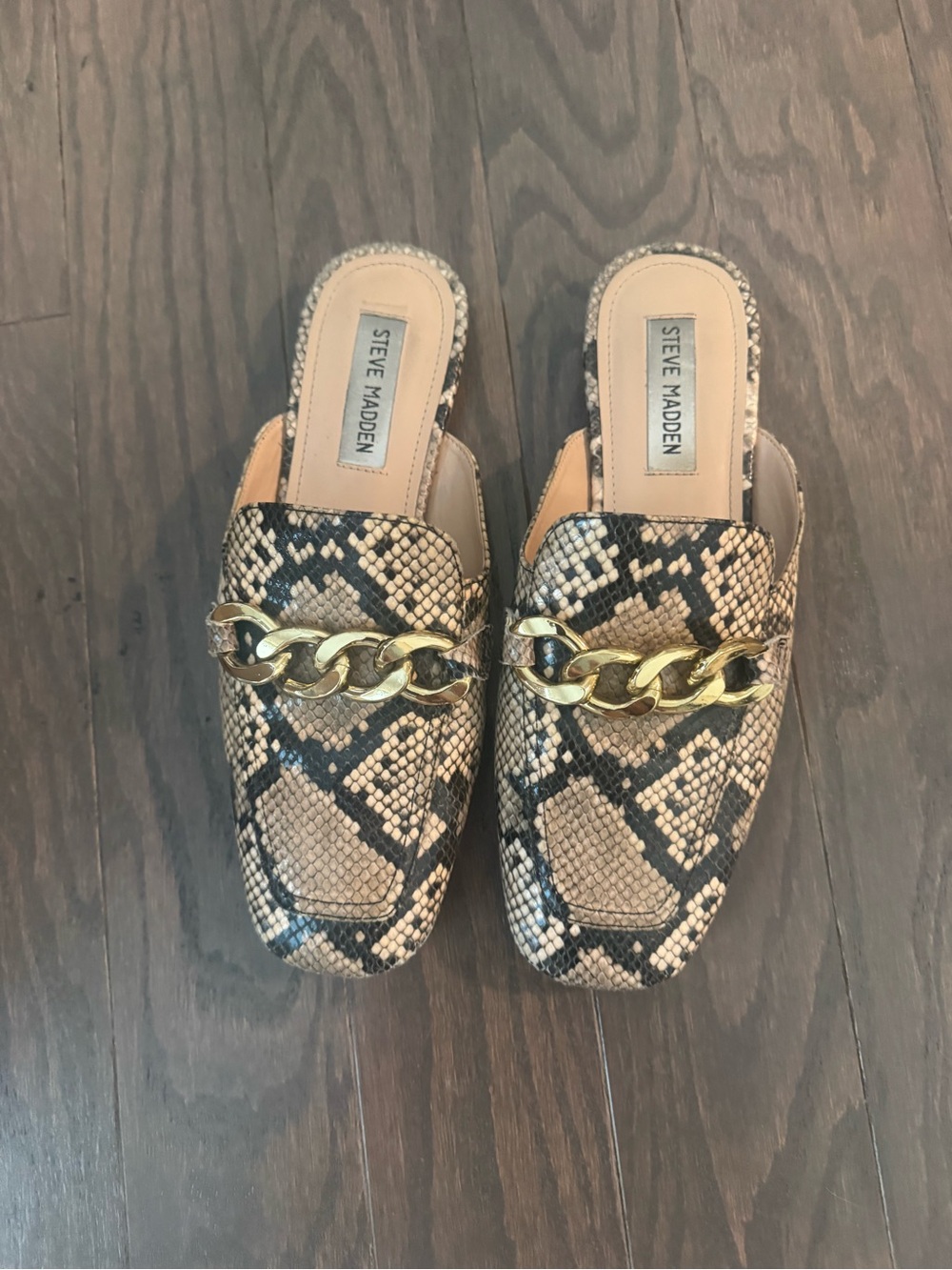 Steve Madden Tan & Black Snake-Print Chain Slip-On Mules